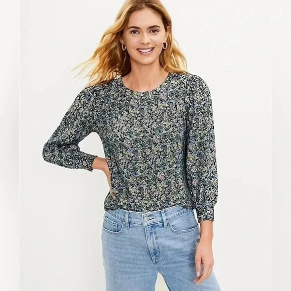 NWT Ann Taylor Loft navy Garden Puff Sleeve Sweatshirt size small petite - Picture 1 of 11
